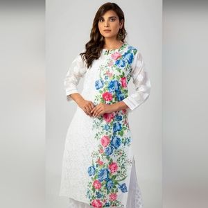 New Lucknowi Chikankari White Cotton Kurti With Inner - Designer Kurti For Women